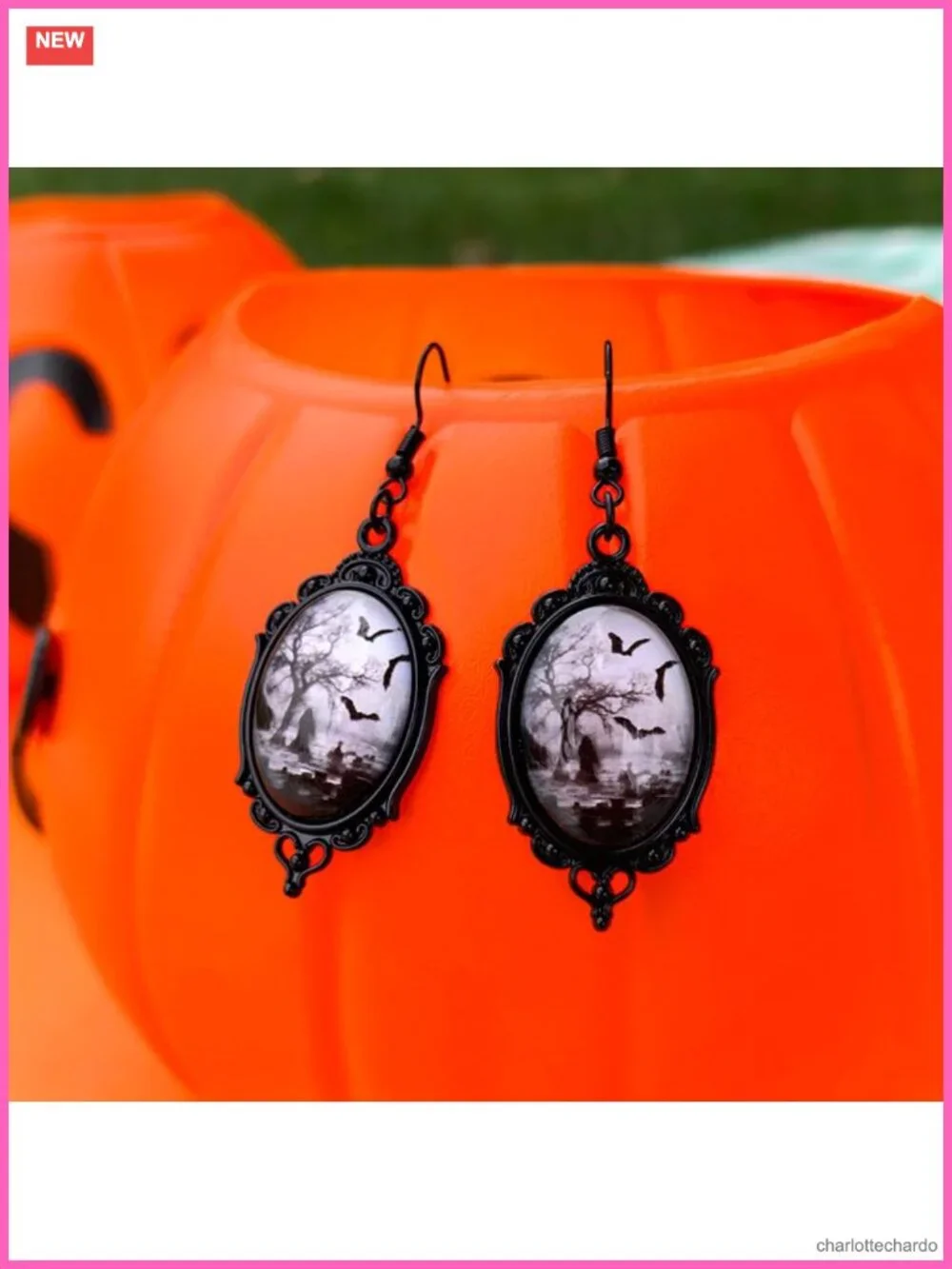 Gothic Crystal Cameo Dangle Earrings Victorian Bat Witch Halloween Jewelry